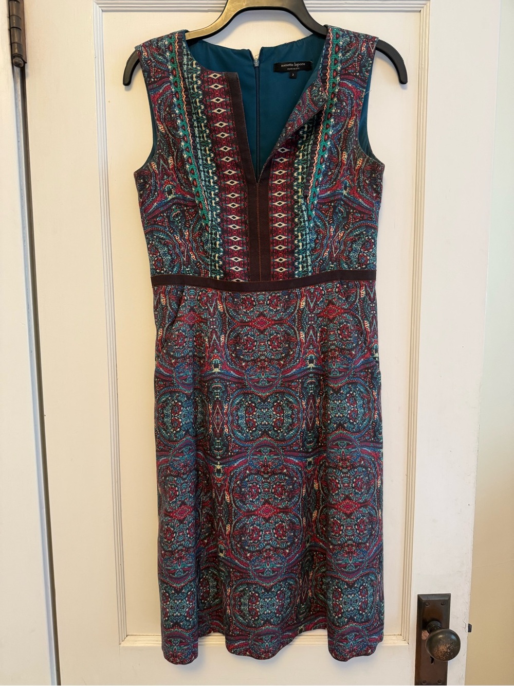 Nanette Lenore - Sleeveless Printed A-Line Dress in Teal & Burgundy